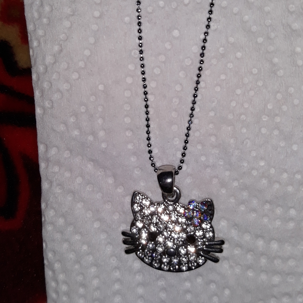 Hello Kitty Crystal Charm Necklace silver pl over ss with 16-18"chain NEW